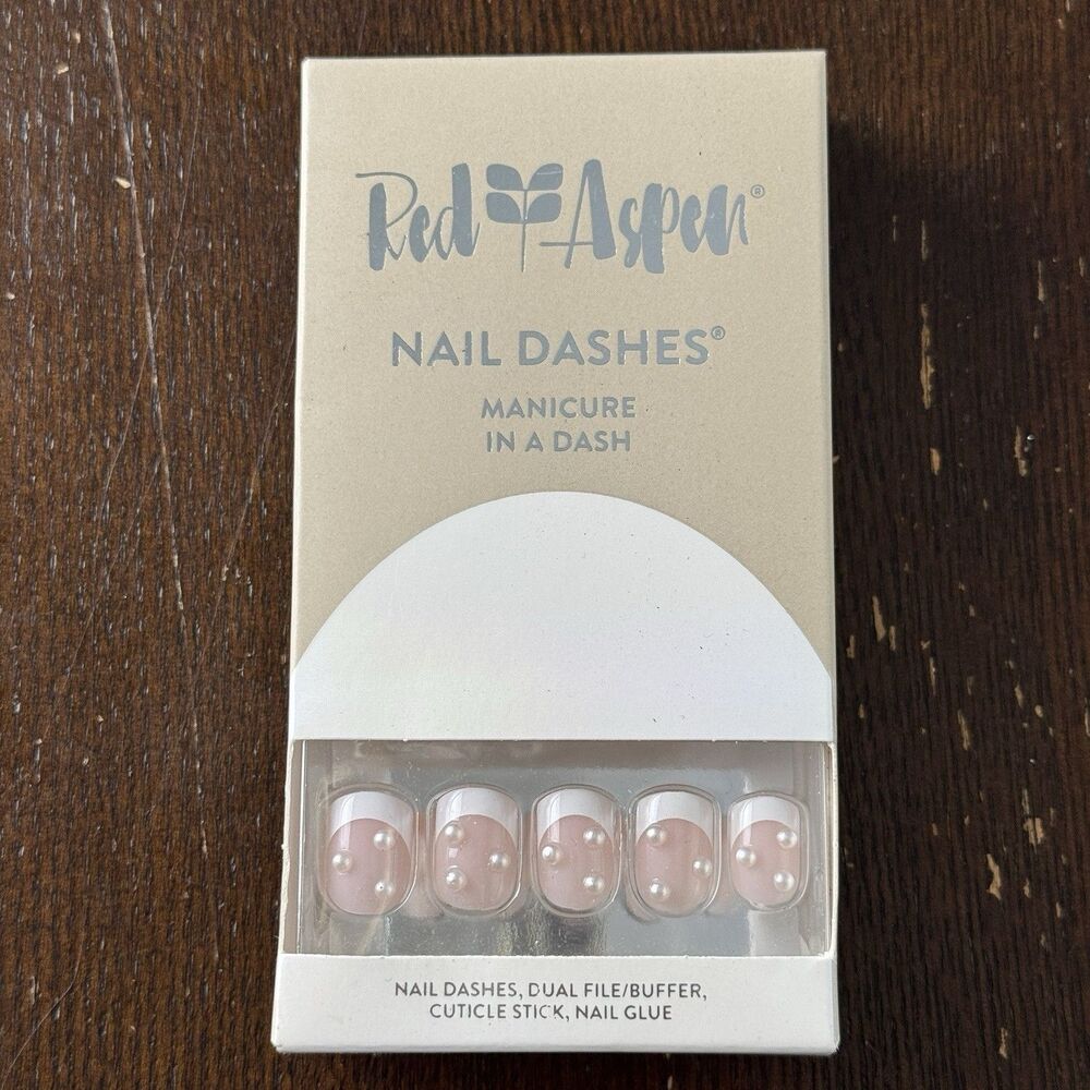 Red Aspen Press On Nails Pearly French Julianna Manicure Kit w File Stick & Glue